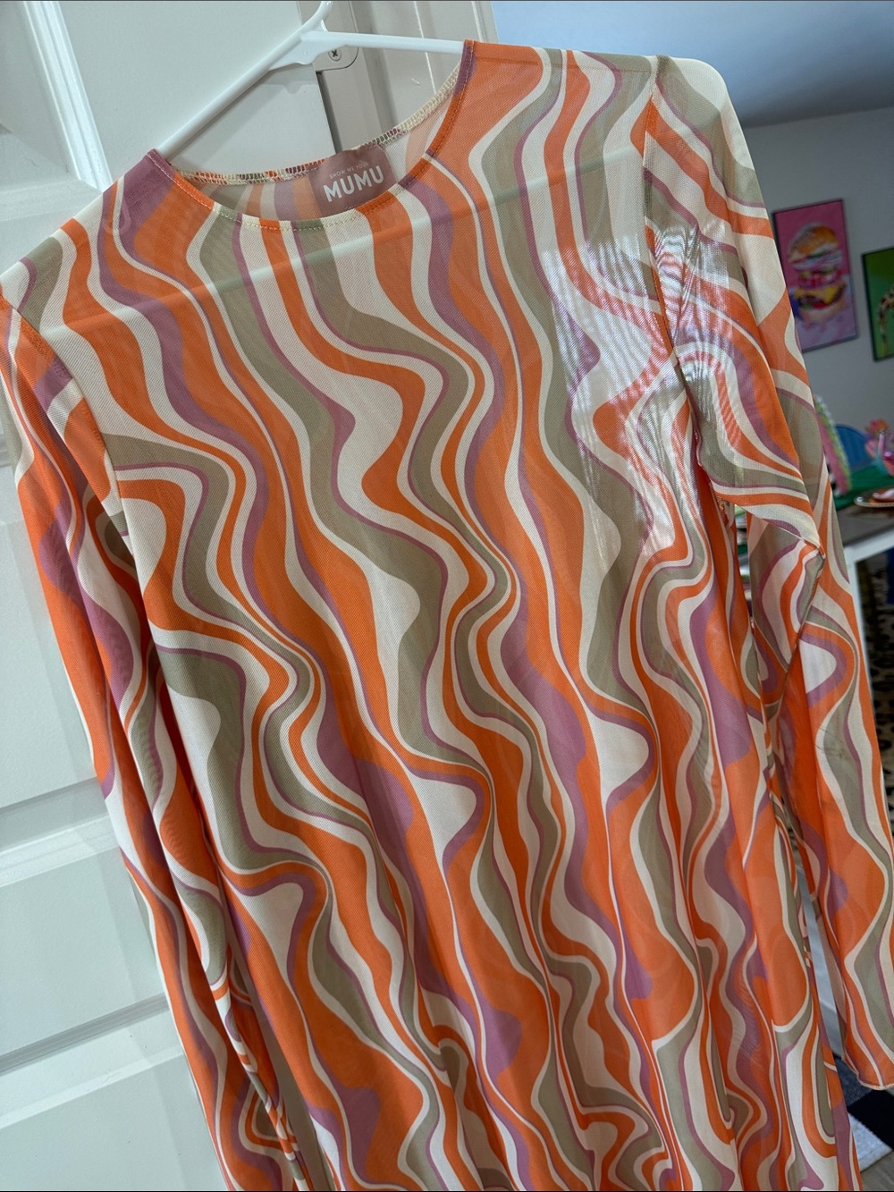 Show Me Your MuMu Orange Wave-Print Maxi sheer dress size L - Picture 3 of 6